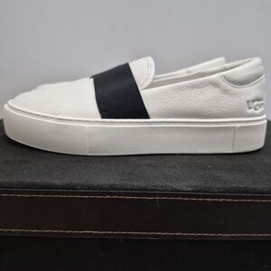 UGG White Slip-On Leather Sneakers with Black Elastic Band
